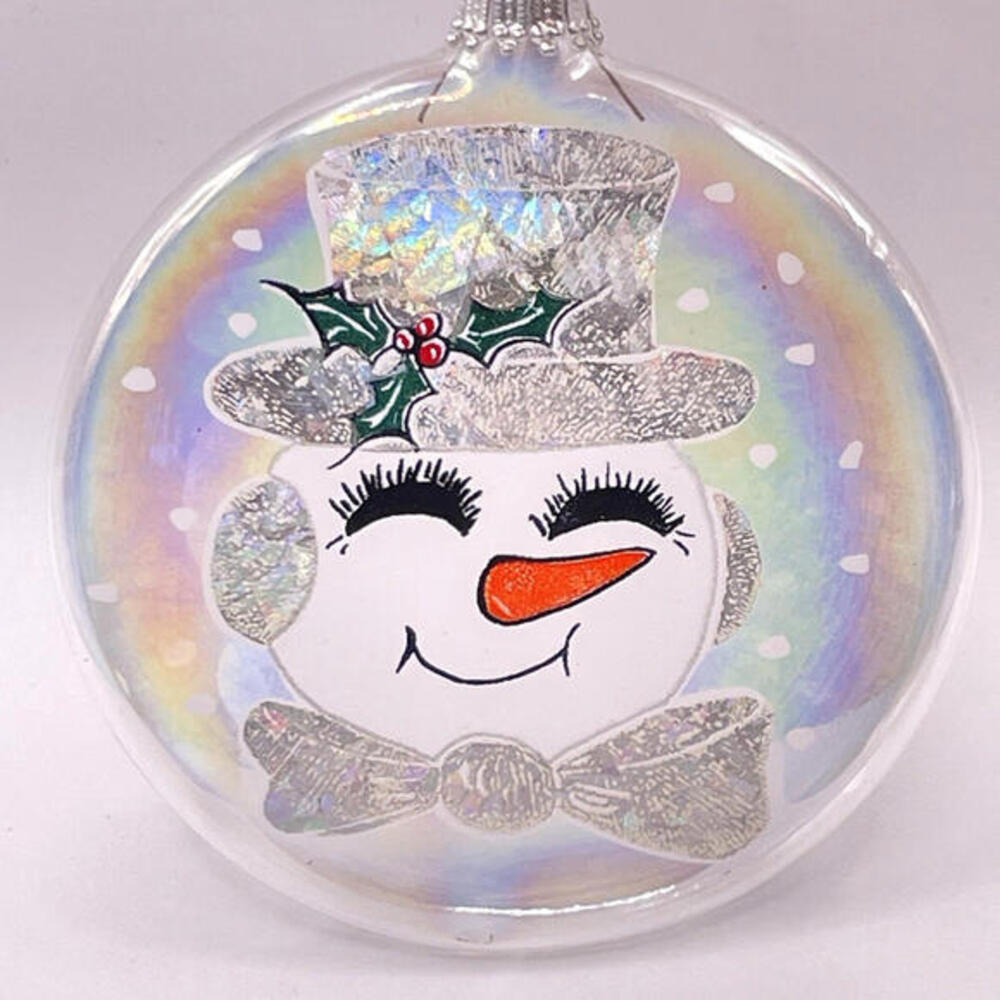 Vintage Snowman Iridescent Holographic Glass‎ Disc Christmas Ornament 3.5"